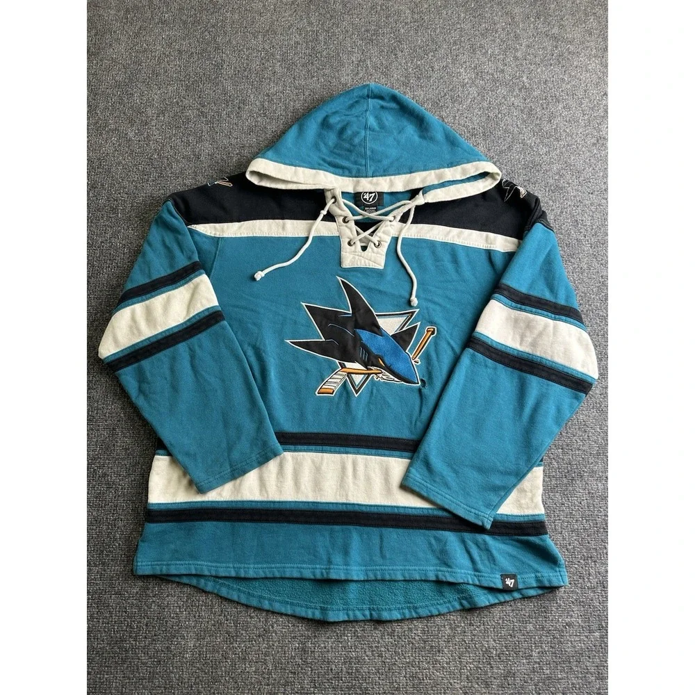 Mens 47 San Jose Sharks NHL Lace Up Hoodie Sweatshirt Teal, Size 2XL